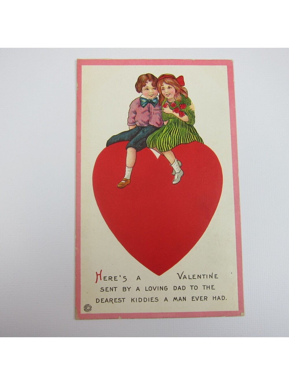 Postcard Valentine Greeting Dad to Kids Boy & Girl Red Heart Embossed UNPOSTED